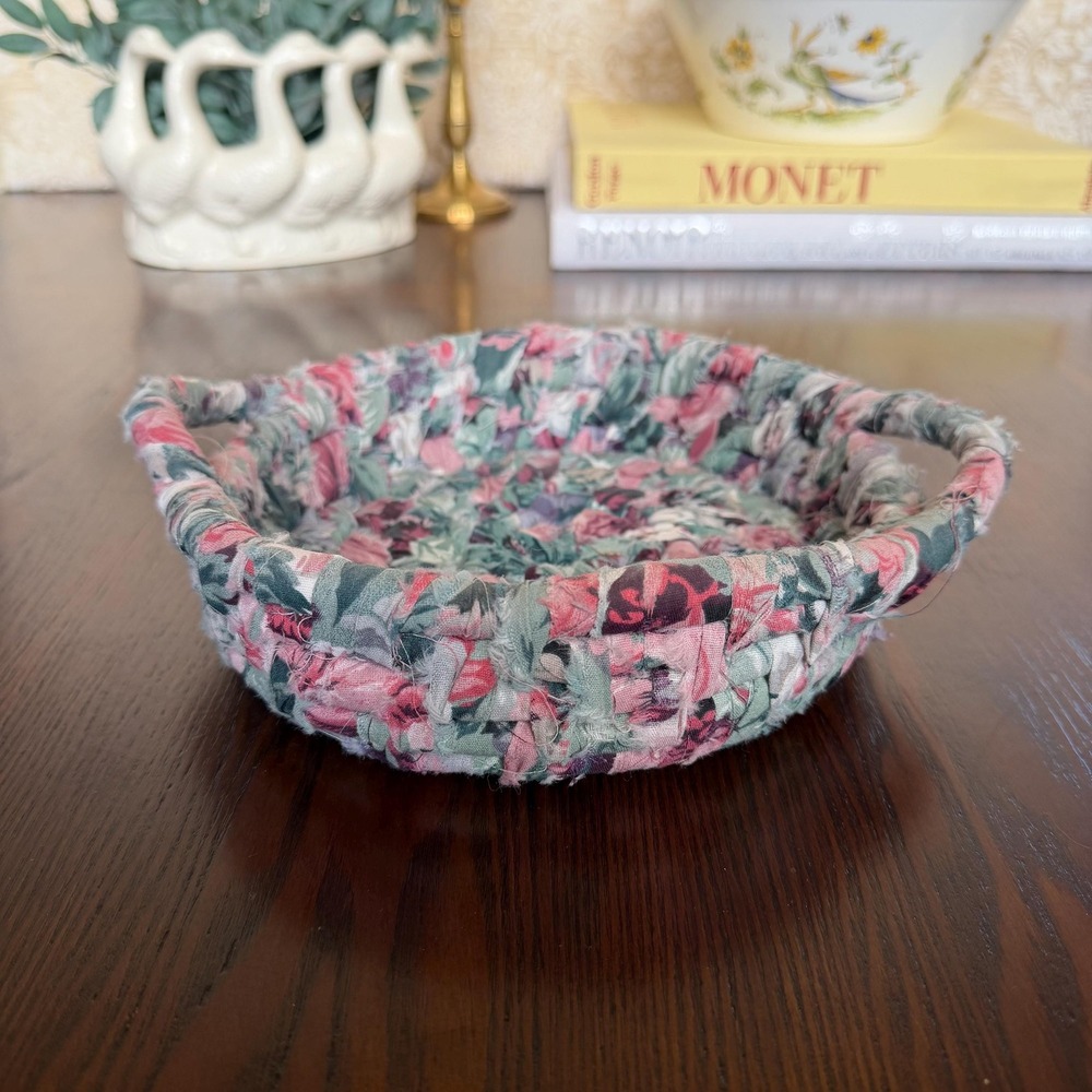 Vintage Floral Fabric Basket Bowl, Rolled Cloth Catchall